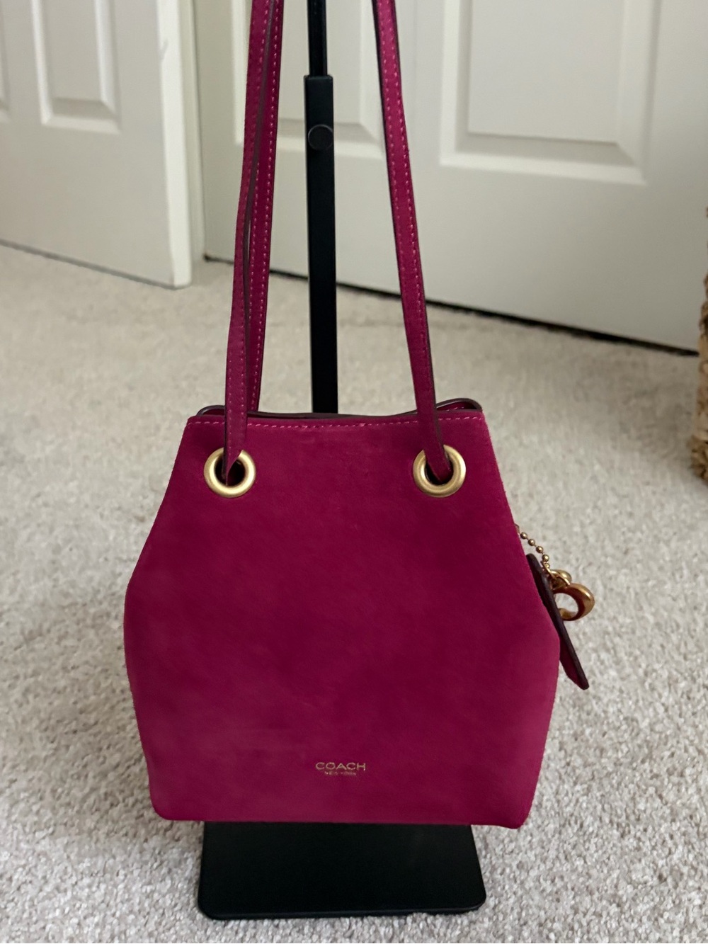 Coach Jade drawstring Fuchsia Suede Bucket Crossbody Bag